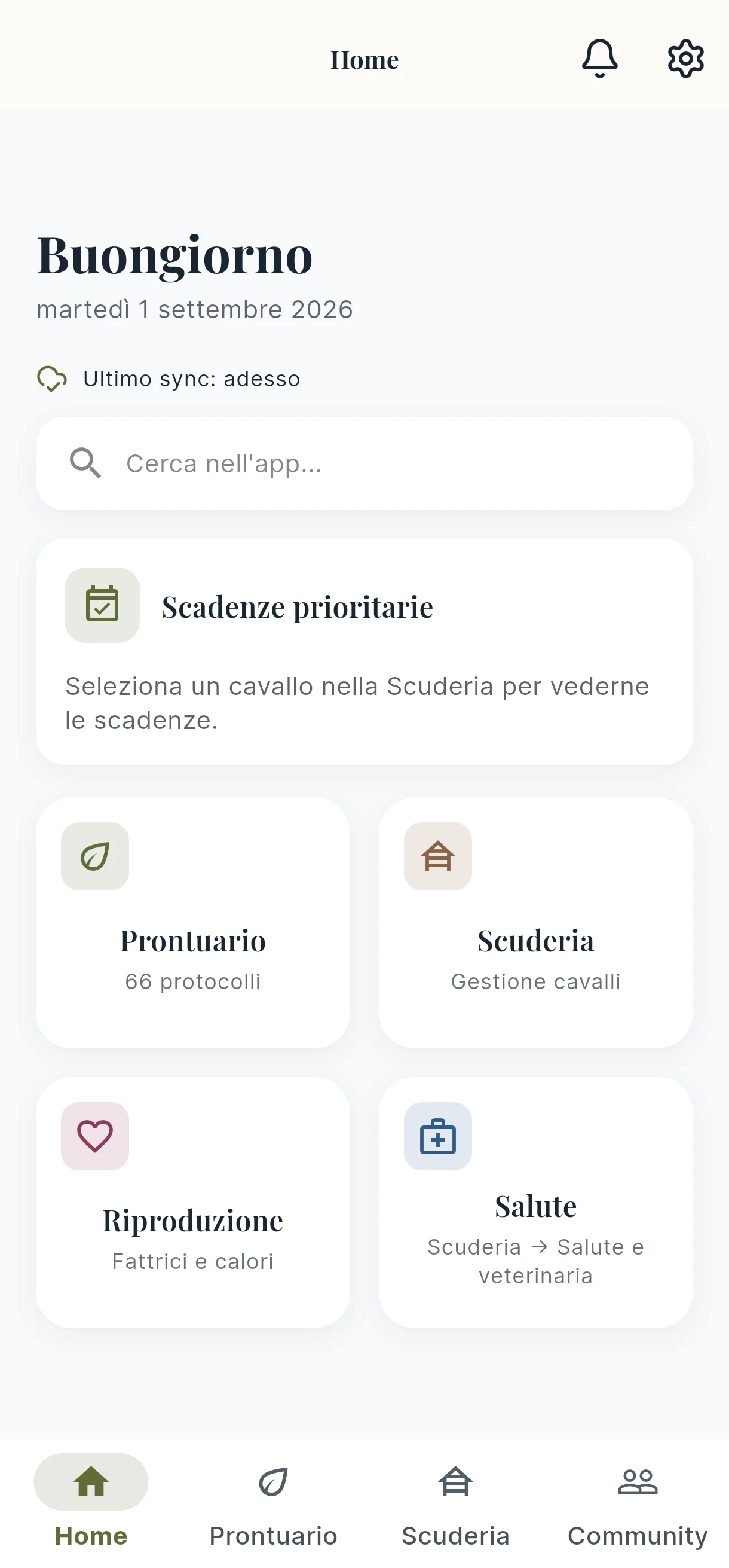 Screenshot dell’app mobile: Home con account attivo (Prontuario, Scuderia, Riproduzione e Community), dati di esempio.