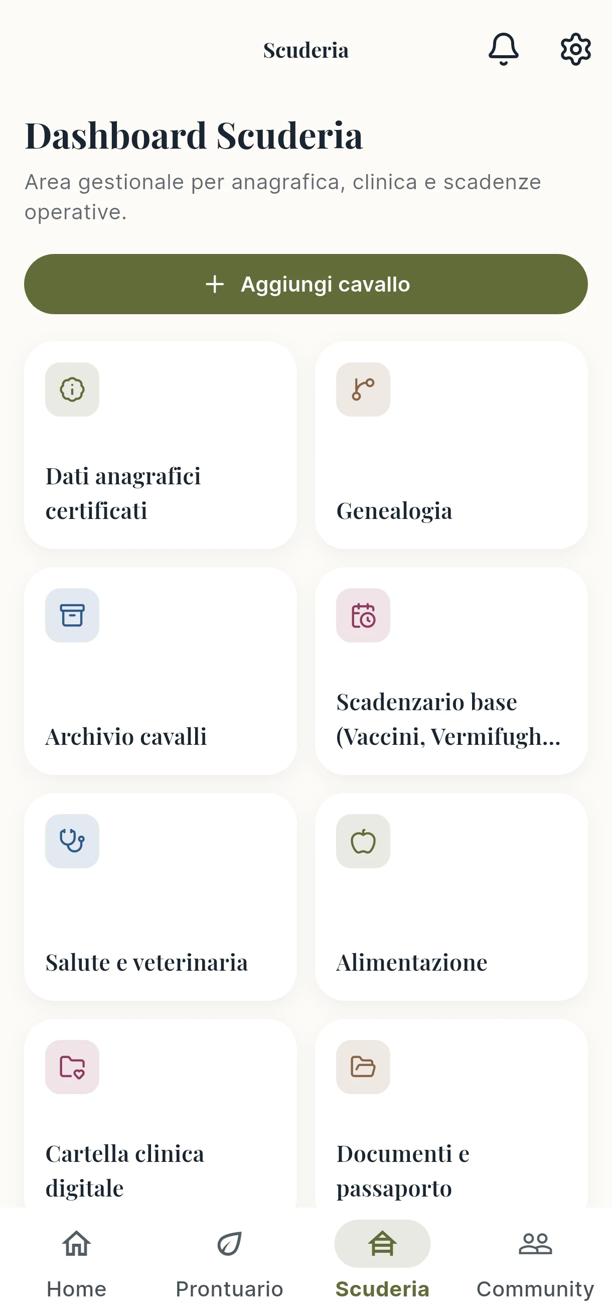 Screenshot dell’app mobile: Dashboard Scuderia con i moduli della cartella, dati di esempio.