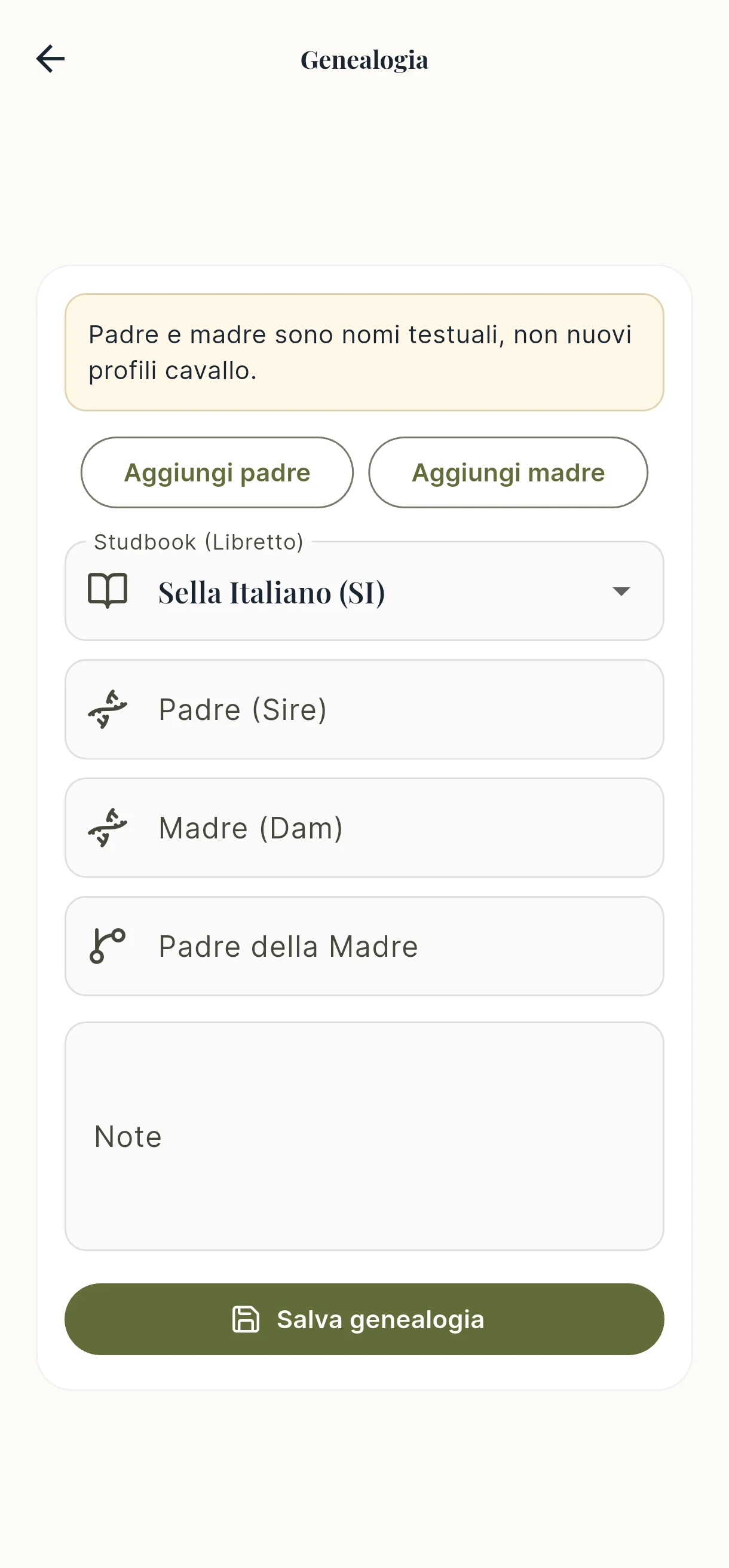 Screenshot dell’app mobile: schermata genealogia del cavallo, dati di esempio.