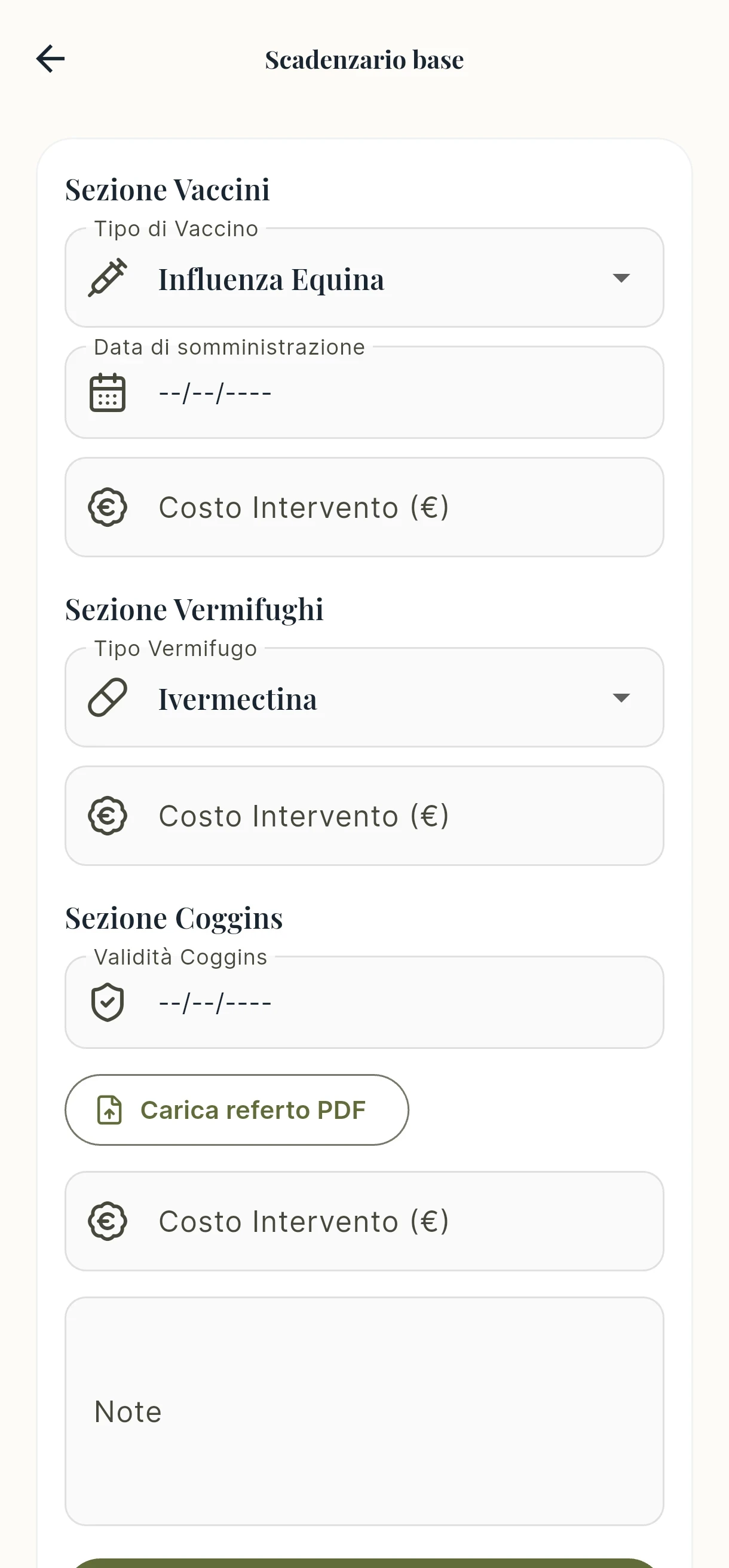 Screenshot dell’app mobile: schermata dello scadenzario base, dati di esempio.