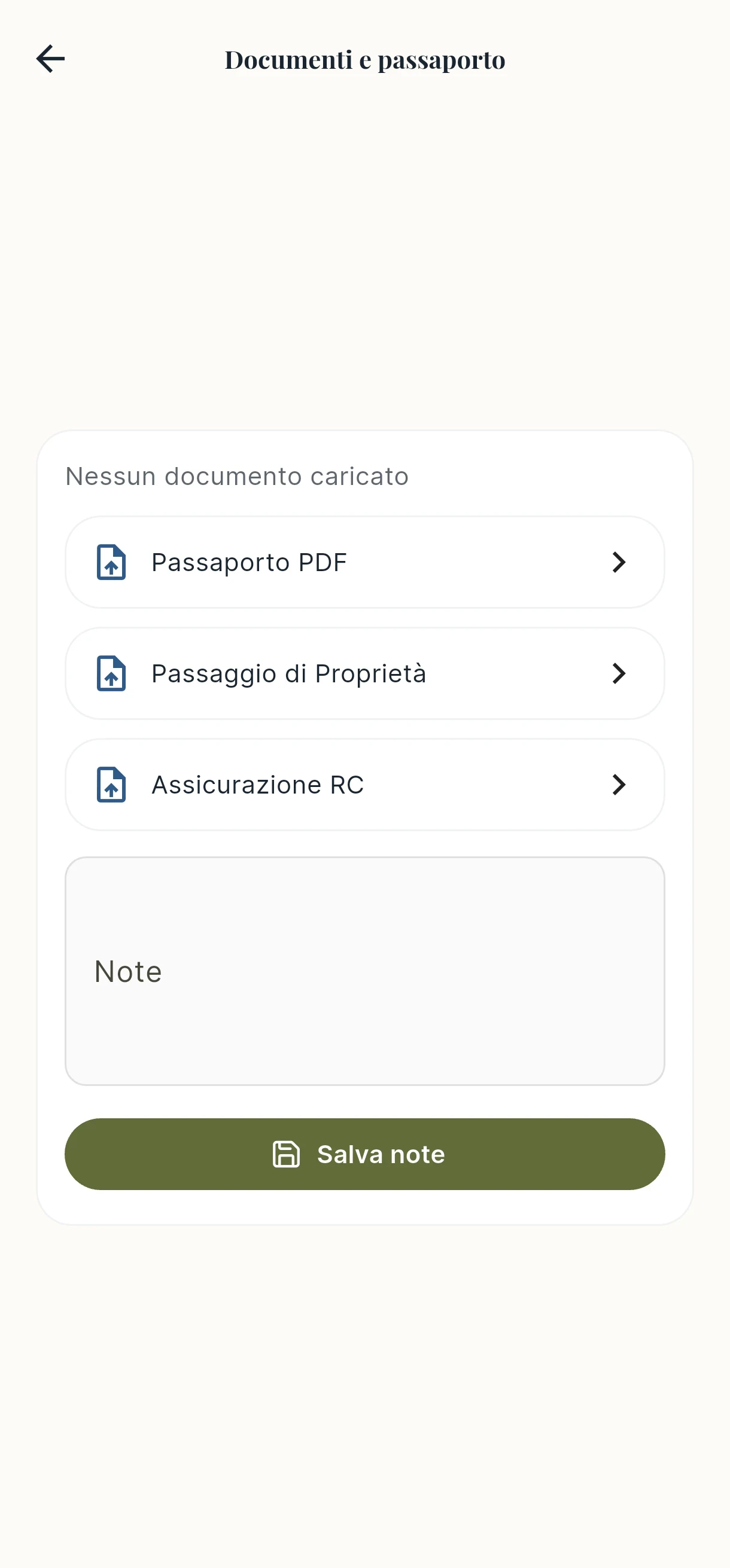 Screenshot dell’app mobile: schermata documenti e passaporto, senza allegati.